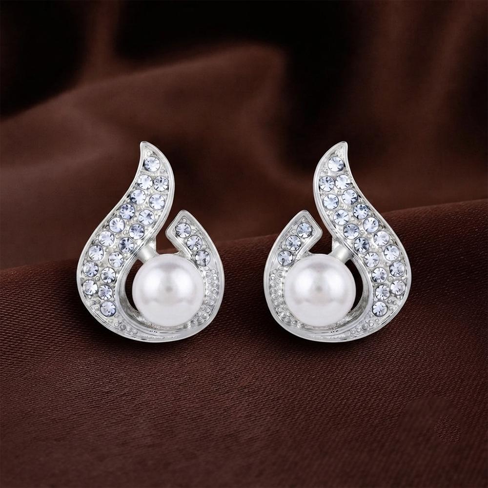 JewelMaze Stylish Silver Plated TearDrop Shape Austrian Stone & Pearl Stud Earrings for Women & Girls