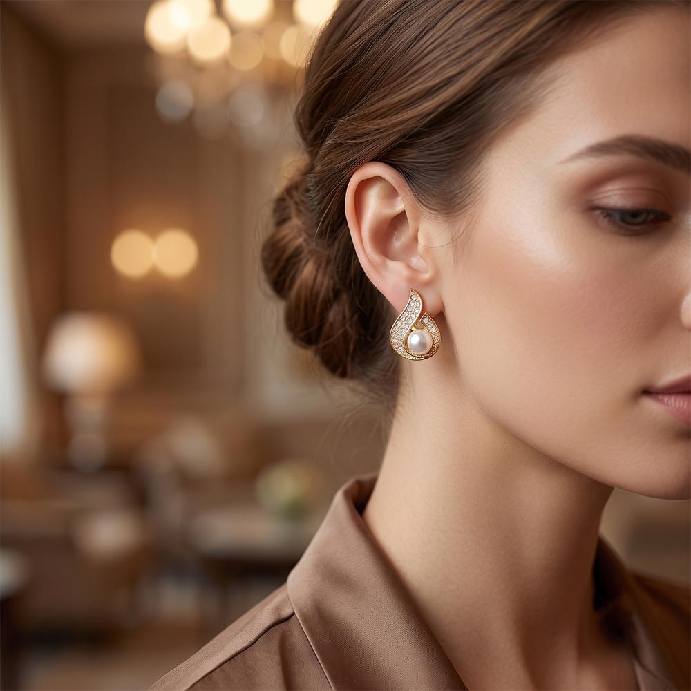 JewelMaze Stylish Gold Plated TearDrop Shape Austrian Stone & Pearl Stud Earrings for Women & Girls