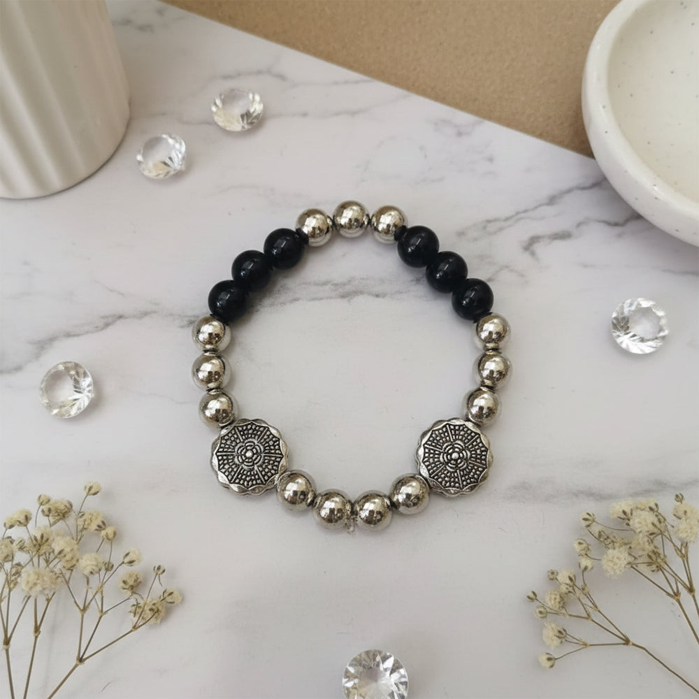 The99Jewel Unisex Black & Silver Beads Stretchable Bracelets