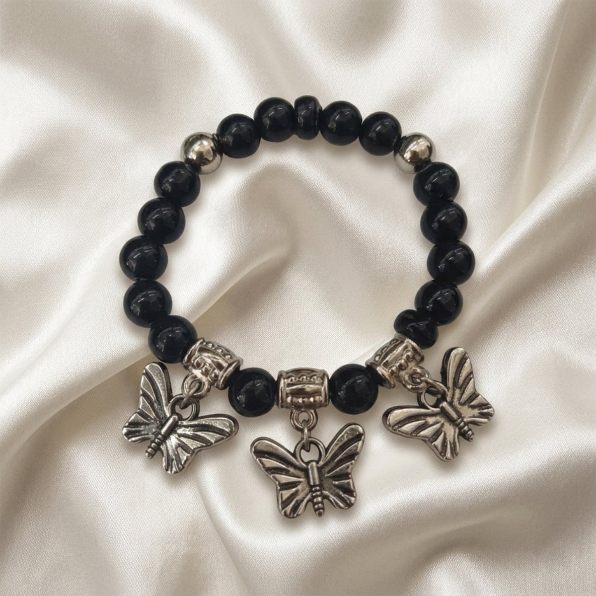 The99Jewel Unisex Black & Silver Beads Stretchable Bracelets