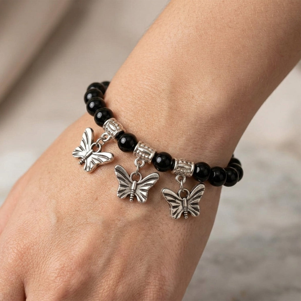The99Jewel Unisex Black & Silver Beads Stretchable Bracelets